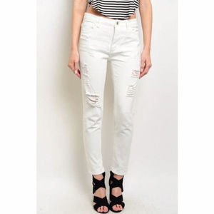 TEAnCUP Destroyed Denim White Skinny Ankle Jeans 3